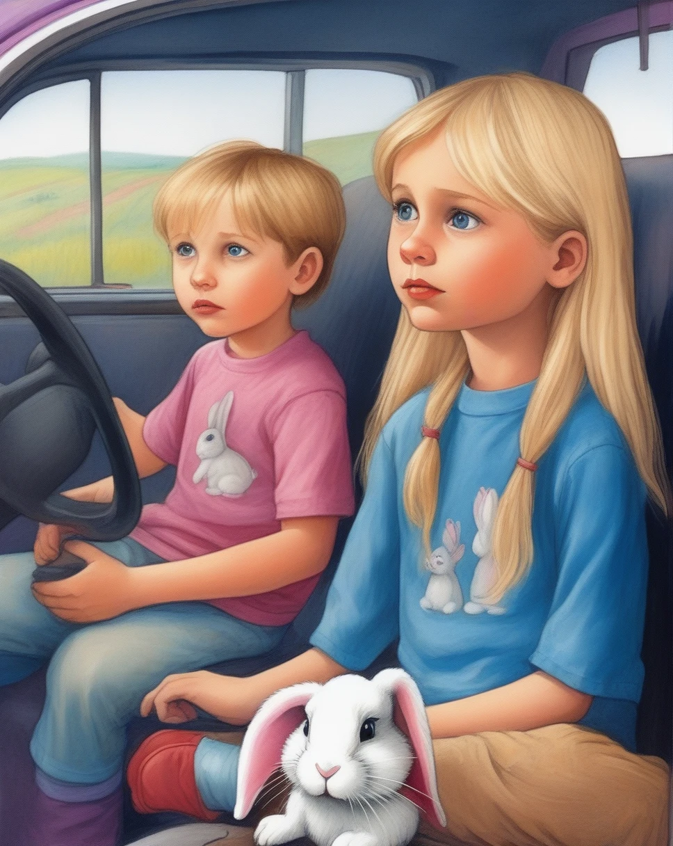 children's picture books,crayon paintings, a 5 years old boy, sad, wearing blue t shirt with a bunny illustion , blond, and his sister, 8 years old girl, long hair, blond, wearing a pink t shirt with a bunny illustration on it, happy, with their gothic mother a woman, bangs, blonde hair, car, car interior, closed mouth, earrings, ground vehicle, gothic black dress, jewelry, lipstick, long hair, looking at the road, makeup, motor vehicle, purple eyes, rain, red lips, solo, hand on the steering wheel, eyes on the road, looking sad