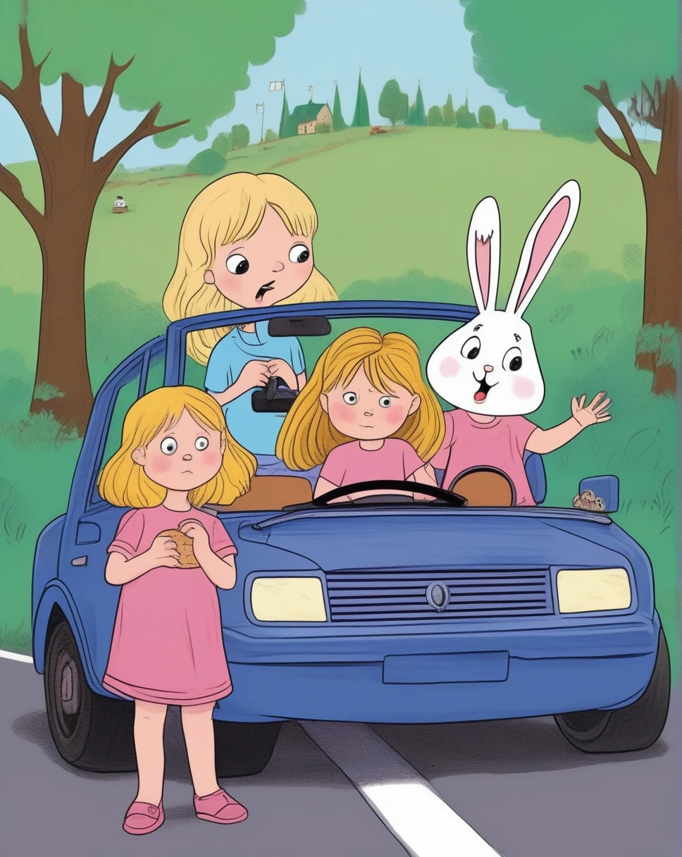children's picture books,crayon paintings, a 5 years old boy, sad, wearing blue t shirt with a bunny illustion , blond, and his sister, 8 years old girl, long hair, blond, wearing a pink t shirt with a bunny illustration on it, happy, with their gothic mother a woman, bangs, blonde hair, car, car interior, closed mouth, earrings, ground vehicle, gothic black dress, jewelry, lipstick, long hair, looking at the road, makeup, motor vehicle, purple eyes, rain, red lips, solo, hand on the steering wheel, eyes on the road, looking sad