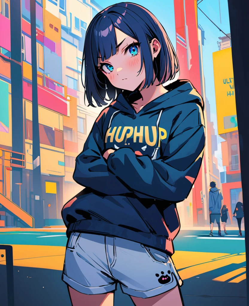 popart style,(best quality, masterpiece, ultra high-resolution, ultra-detailed: 1.2), Unique girl,(stand with open stance:1.1), (crossed arms:1),
,paw pattern hoodie,Confident,Euphoria,BREAK,(MIA:16yo,detailed face,(darkblue hair-color,wavy-short hair),parallel eyebrows),she love hiphop,