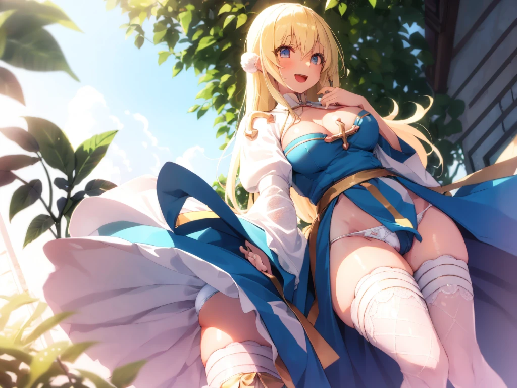 Texture CG,((Ultra Detail Art)),((master piece)),(extremely details CG),1girl,solo,ragnarokarch,(nsfw:1.2),(open legs with standing pose),gal,gyaru,beautiful breasts,slim body,slim legs,collarbones,slim and smooth lines,slim waist,small butt,(nipple erection:1.2),(from below:1.4),(panty shot:1.3),(show off panties:1.3),(wind lift:1.5),(white panties, lowleg, lowleg panties),(cameltoe,huge erection clitoris),(((White Puff Sleeves))),white thigh thighs,Gold Sash,White blue dress from neck to chest,cleavage deep cutout,Long blue skirt with high slit,((above knee length pelvic curtain)),Blue Wide Sleeve,((Blue Dress narrow Front)),long hair,golden blonde hair,Curve,Beautiful detailed eyes ,gleaming skin,open mouth,smile,outsides,clear sky,in summer,windy,garden,