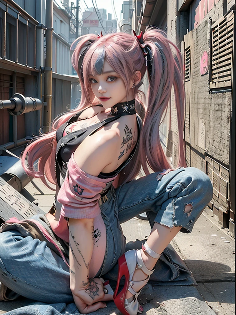 (Full Body View:1.3)、(Side view:1.1)、(Beautiful face:1.3)、(Smiling with teeth showing:1.3),(Shibuya Gal:1.5)、(Beverly Hills Whore:1.4)、(Neo-goth fashion:1.5)、(Punk RockVisual Kei:1.4)、(Modern white and red Barong:1.5)、(Tattered brown and charcoal denim bugle pants:1.5)、(Mustard Yellow Headband:1.3)、(Charcoal and khaki high heels:1.4)、collar、(We sell patterned underwear with logos.:1.4)、、NSFW,((highest quality、In 8K、masterpiece:1.3))、Sharp focus:1.2、(Layered Cut、Huge boobs:1.1),Beautiful woman with perfect figure:1.4、(Open legs:1.3)、(Raise your arms:1.2)、(Open your crotch:1.3)、Slender Abs:1.2、Butt、Highly detailed face and skin texture、Detailed eyes、double eyelid,(Twin tails:1.3)、(Pink Hair:1.3)、Dynamic Pose、Obscene pose、Humiliating pose、Gravure idol、(luxury fashion show stage:1.3)、(Make your legs thinner:1.4)、(Slim body:1.3)、(clavicle:1.1)