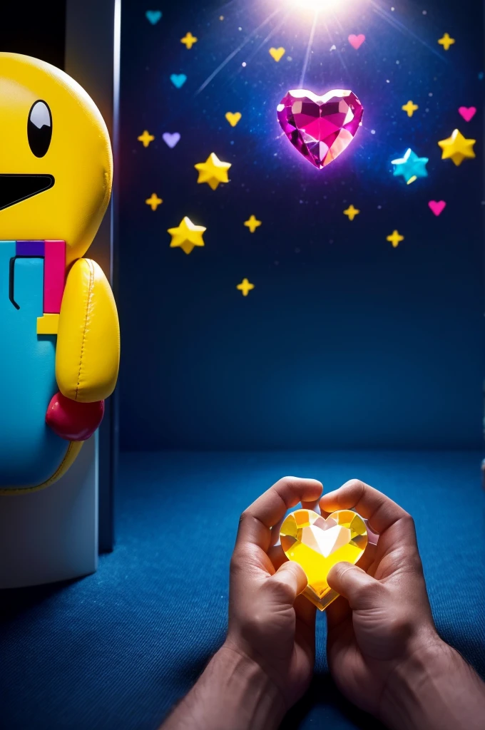 The image shows a brightly coloured PacMan holding a crystal heart in his hand. PacMan looks at the heart with a melancholy look on his face while Elon Musk looks at PacMan hiding in the corner and laughs.