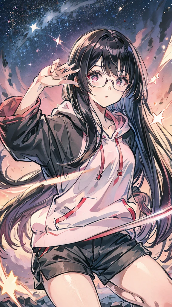 Black Hair Straight Hair Long Hair Pink Eyes Glasses Japanese sword Starry Sky One girl hoodie Shorts