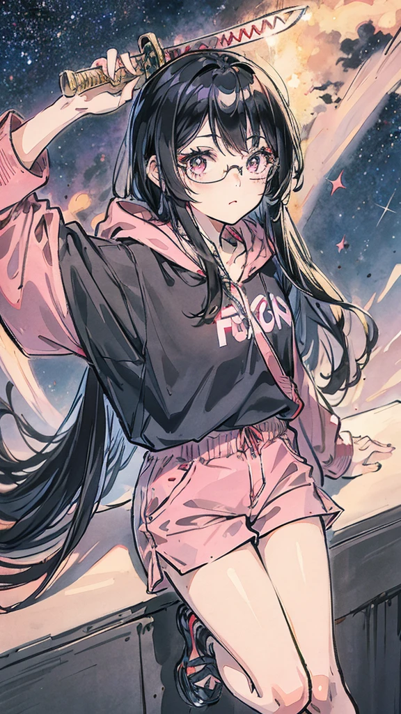 Black Hair　Straight Hair　Long Hair　Pink Eyes　Glasses　Japanese sword　Starry Sky　One girl　hoodie　Shorts