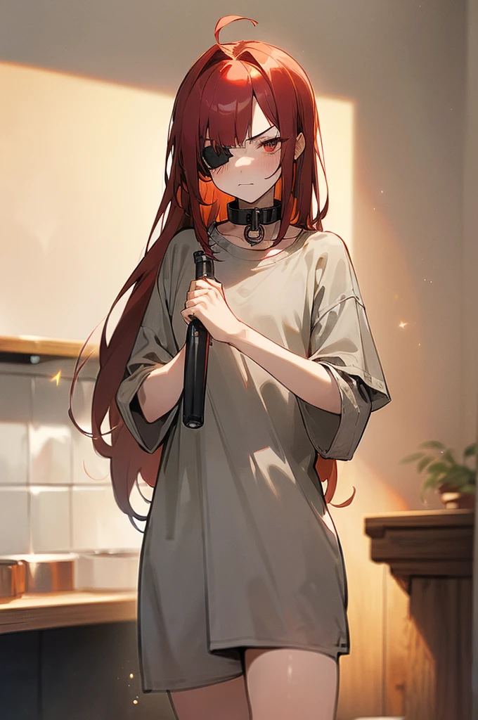 {masterpiece, distinct_image, extremely detailed CG, beautiful eyes and detailed face, 4k, 8k, high_resolution, perfect_finger, medieval style, (beautiful_detailed_eyes:1.3), glitter, yellow_light,{1boy, face_focus,full body, looking for_in_viewer, standing},{(shota,slave:1.3) (tattered_very_big_gray T-shirt, no pants, {thick_metal_collar:1.6}, black_right_eyepatch:1.5), (red_hair, red_eyes, long_hair, hair_over_one_eye, one_eye_covered_with_hair, asymmetrical_bangs:1.4), (tired_face, glaring, breathing:1.2), (gray_wall_prison_indoor:1.3)}}