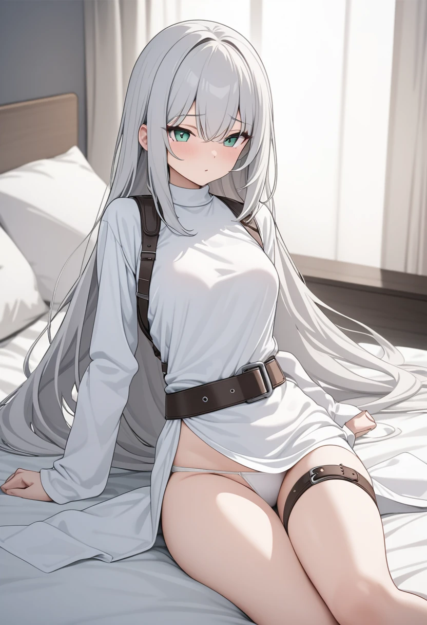 ((masterpiece)), (highest quality), (Simple style),Silver hair, super long, jade eyes, cheeful, body harness, holster belt, leg belt, white cloth panties, long shirt, bed 