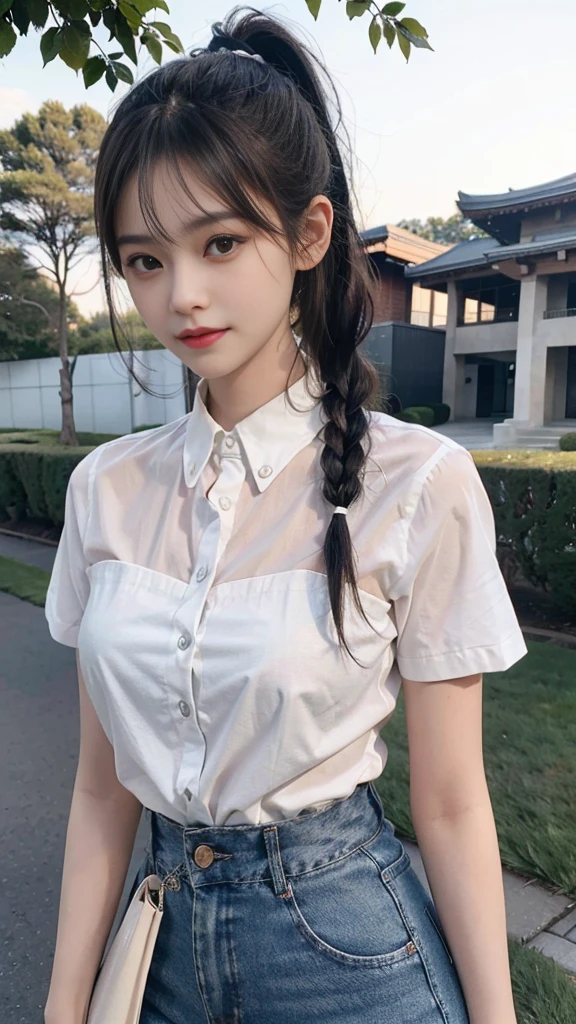 White collared shirt,jeans,Park,On the lawn,Close up face,One woman,masutepiece, The highest image quality, High quality, the background is clear,Beautiful woman, Japanese,Ultra-detailed, finely detail, hight resolution, 8K Wallpaper, Perfect dynamic composition, Beautiful detailed eyes , Detailed, Detailed eyes, Detailed skin, Beautiful skin, 超hight resolution, (reality: 1.4),Very beautiful woman, Slightly younger face, Beautiful skin, slender, (Ultra photo realsisim), (hight resolution), (8K), (Very detailed) (beautifully detailed eyes), (super detailed), (Detailed face), view the viewer, Fine details, Detailed face, Staring straight ahead, Staring straight ahead, photos realistic, Bright lighting, Professional Lighting, Black hair,poneyTail,a baby face,fourteen years old,Hairstyle: ponytail,Long ponytail hairstyle,slight smile,neat and tidy clothing,Beautiful Japanese KPOP idol photo, hair style is ponytail, my eyes are double and wide, baby face, smile and look straight ahead, slender, small breasts,Close up face,