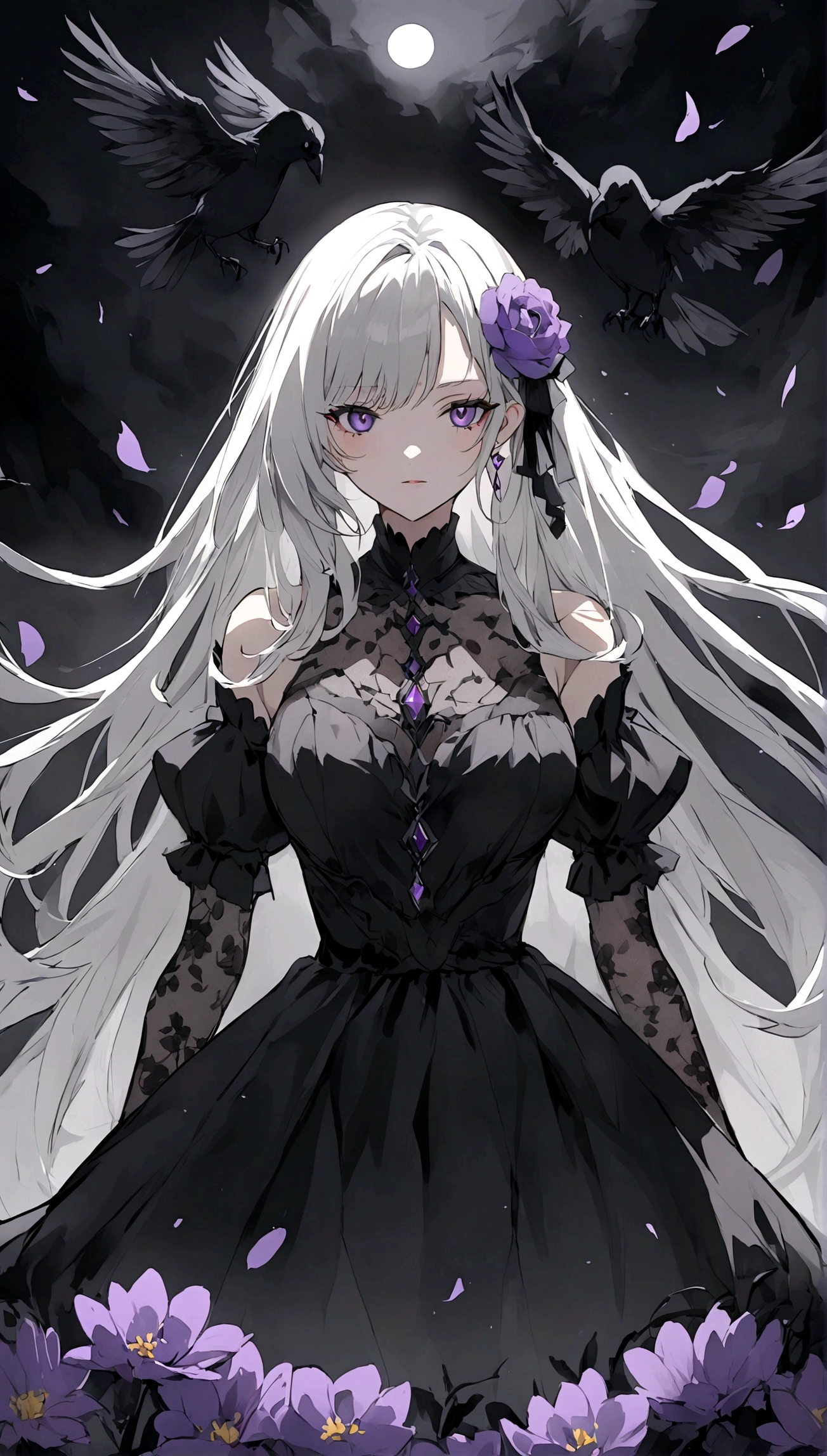 A beautiful anime-style girl with long hair and a purple flower、A contrast living in the dark graveyard(B99、W55、H68)A beautiful girl with a glamorous body、A beautiful immoral girl wearing a black and gray adult dress、Crow、Undead、chaos、mystery。