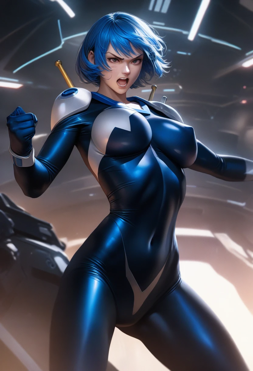 perfect hands, perfect finger,perfect anatomy, masterpiece, best quality,realistic, hyperrealistic, 16k hdr,1girl, large breasts,erected nipples,blue hair, bobcut,mobile trace suit, shoulder armor,bodysuit,fighting pose, upper body, cockpit,from below,angry