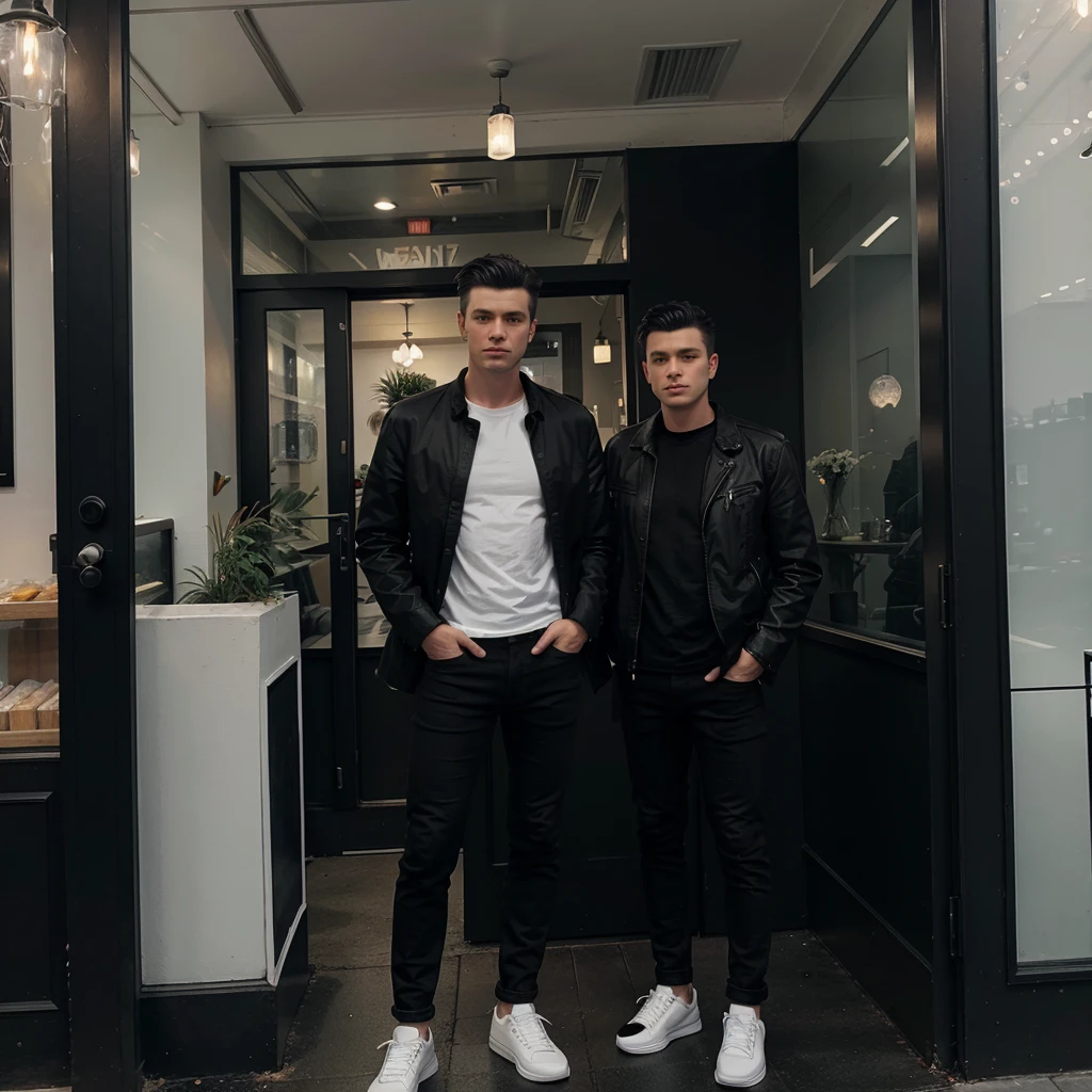 A white man with black tufted hair, wearing black jeans, a black shirt and a white jacket and he is wearing white shoes is standing in front of a restaurant with glass decorations.