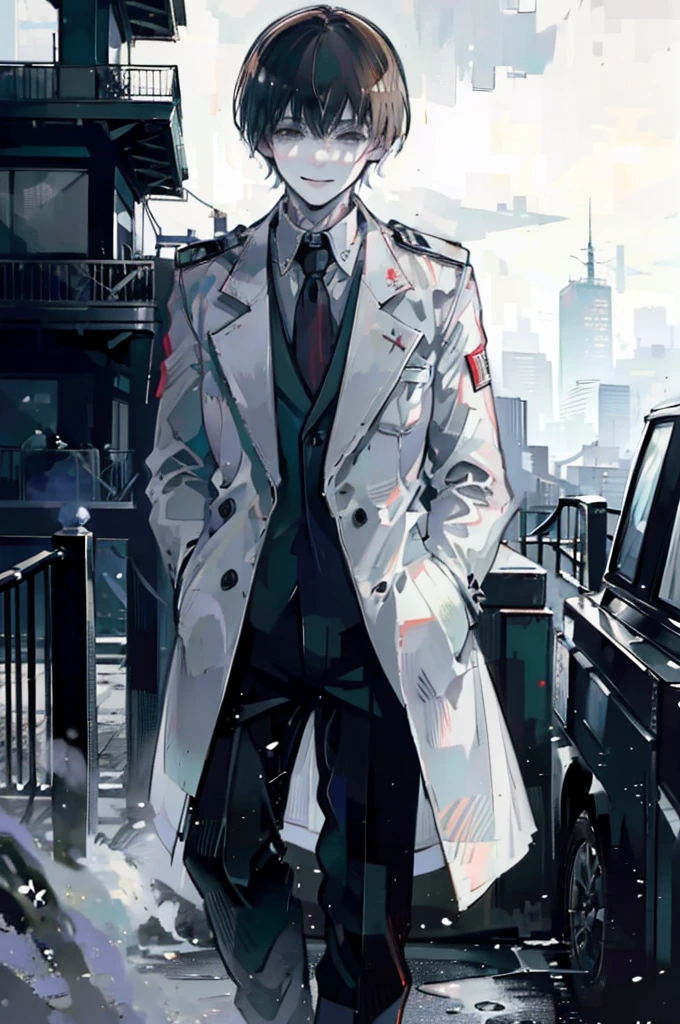 young man, brown hair, black eyes, smiling, medium hair, wearing a pure white trench coat, wearing black pants, in one city, 4k, detailed, sui ishida art style, ghoul investigator
