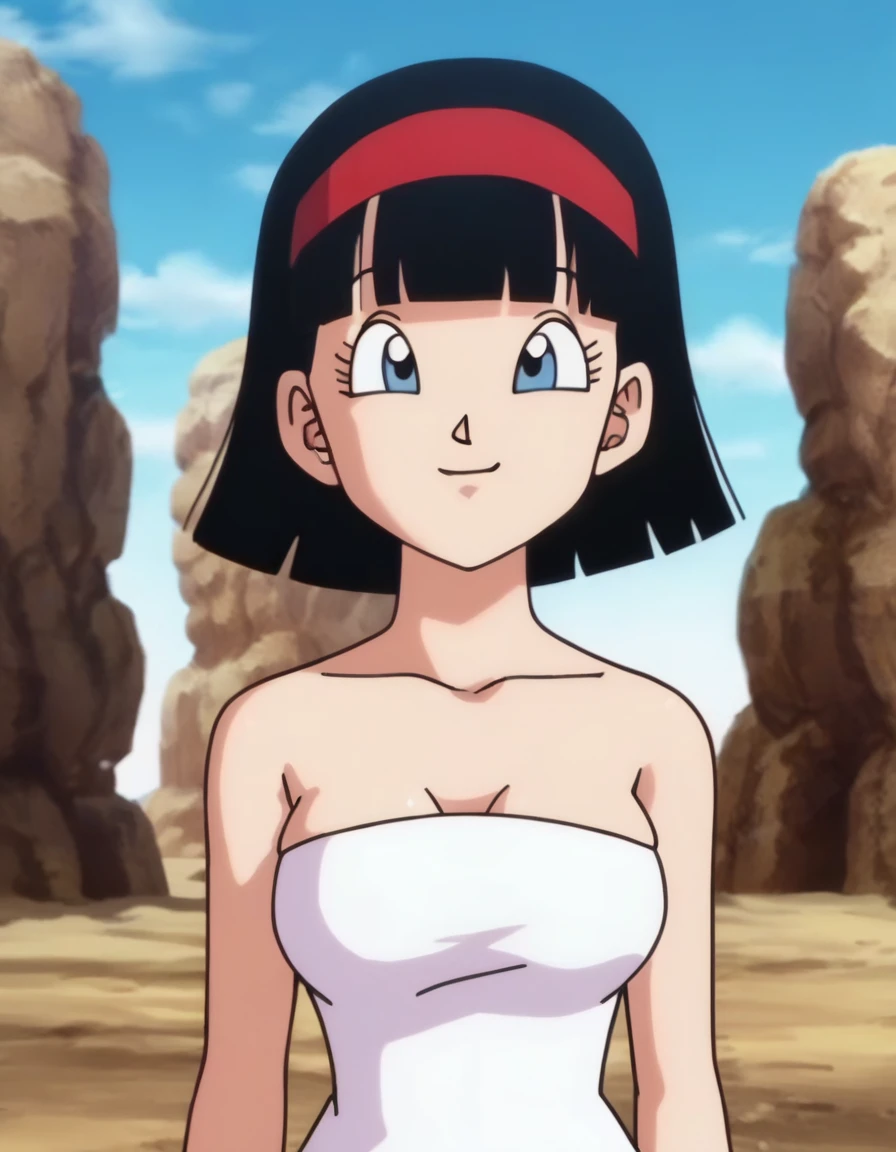 source_anime, score_9, score_8_up, score_7_up, anime screencap, videl, dragon ball super, bob cut, 1girl, solo, medium breast, looking at viewer, smile, short hair, bangs, blue eyes, black hair, red hairband, outdoors, sky, sleeveless, collarbone, day, blue bracelet, blue sky, bare shoulders, strapless black tube dress, cowboy shot, arms at sides, seductive
