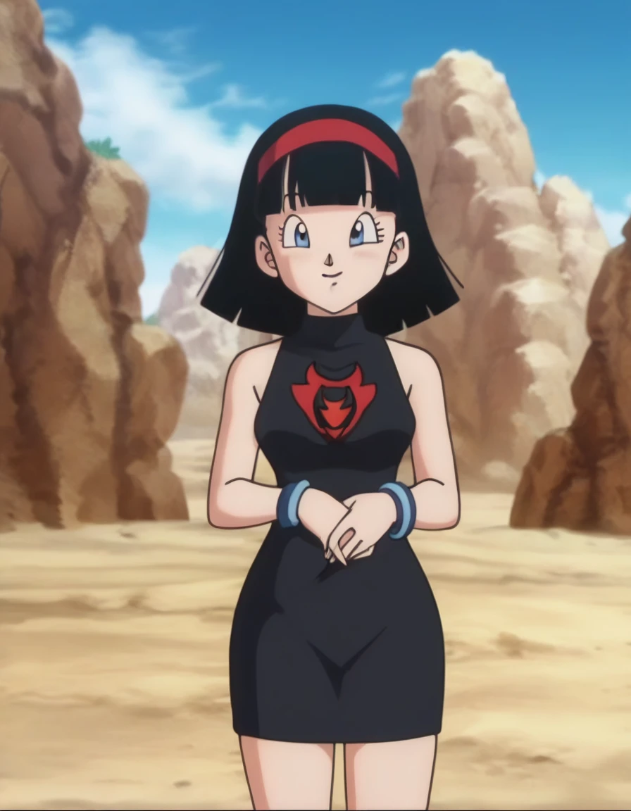 source_anime, score_9, score_8_up, score_7_up, anime screencap, videl, dragon ball super, bob cut, 1girl, solo, medium breast, looking at viewer, smile, short hair, bangs, blue eyes, black hair, red hairband, outdoors, sky, sleeveless, collarbone, day, blue bracelet, blue sky, bare shoulders, strapless black tube dress, cowboy shot, arms at sides, seductive
