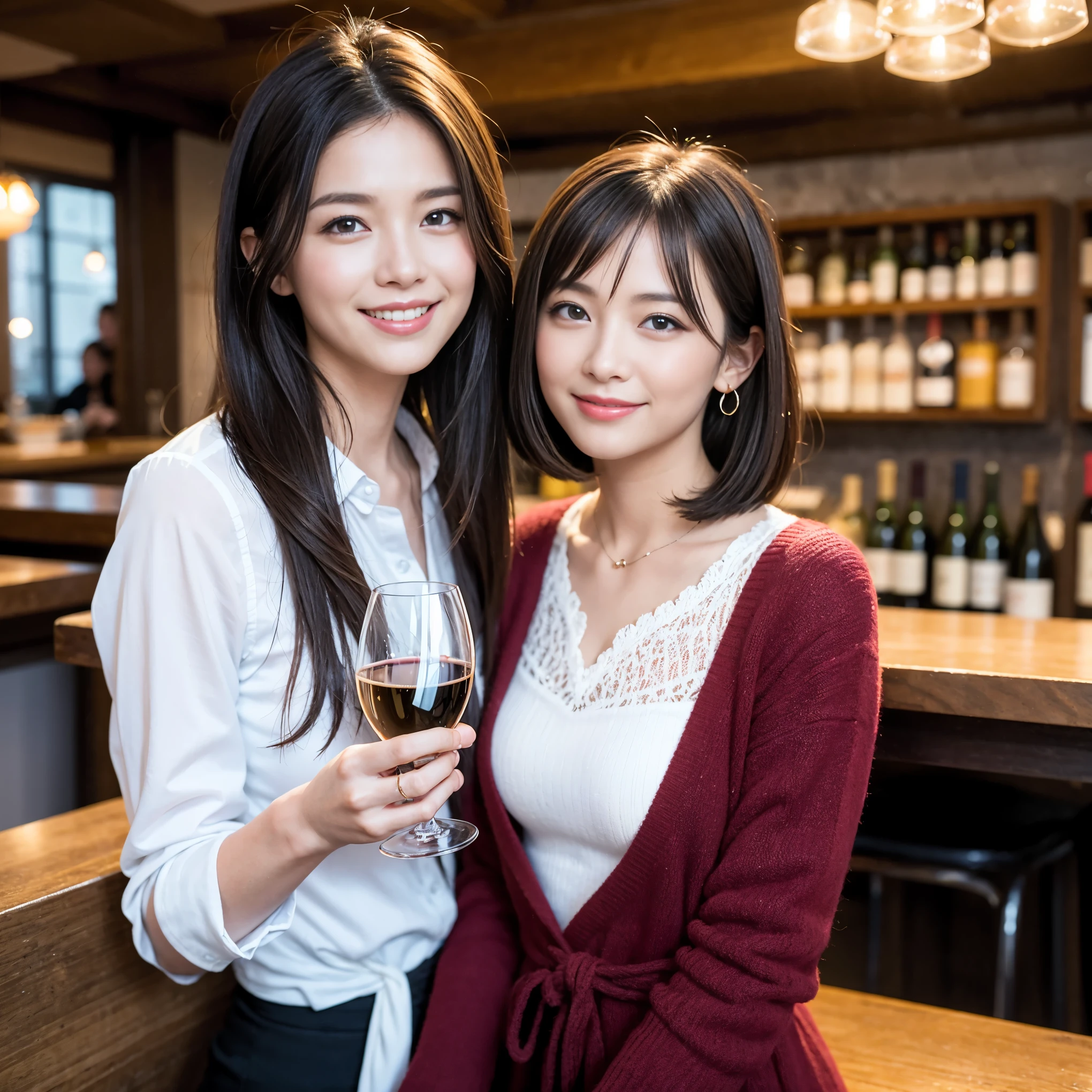 ((highest quality、8k、masterpiece:1.3))、1 male、1 female、Couple、spouse、Couple、The body is slim、((Bob Hale、Straight hair:1.2)), (Realistic, Intricate details:1.2), テーブルの上のwine glass、Shine light on your face、 Amazing view of the sunset sky and clouds、Amazing mountain views、A bright smile、The wonderfulness of smile、Bright image、The beauty of wine, Beautiful Face, blue eyes, The light shines on your face, Blushing, short hair,Bright Face、 (Age 37), 39 years old, red wine 、Appetizers、Italian food、Wine bottle、Champagne、sparkling wine、Two beauties、Brown Hair、Shortcuts、Long sleeve shirt、dress、Pretty Woman 1, (slimな顔), (The body is slim), (Brown Hair), (Shortcuts), cheeks turn a little red,Attractive beauty、restaurant, In a prominent place (From the waist up) Nova Frog Style, actress, model, Upper Body, White wine, slim, wine glass, 中央に置かれたwine glass, smile, (smile: 1.15), Beautiful fine grain, Depth f/2,saturation, High Contrast, Strong light and shadow,Moist Body:1.5、3D texture、Delicate eyes、Brown Hair、The hair is very shiny、