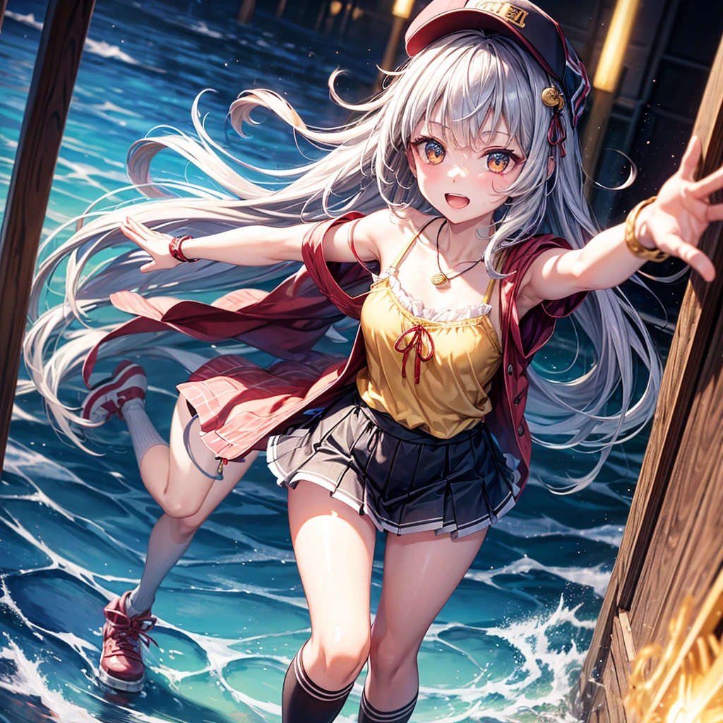Red Blue Gold Hair、Golden Eyes、Braid、One good looking girl、solo、anime、Checkered mini skirt、Ruffles on the skirt、camisole、cardigan、Black knee-high socks、Wearing a baseball cap、Wearing a ribbon、Ribbon on waist、Tilting face、Teeth are visible、Sunset sky、Piercing the clouds、Contrail、Cumulonimbus、Pillar of Light、Silver coin necklace、A world of light、shine、From above、bell、torii、Desert Oasis、water is gushing out、Sparks are flying、Steps、High five
