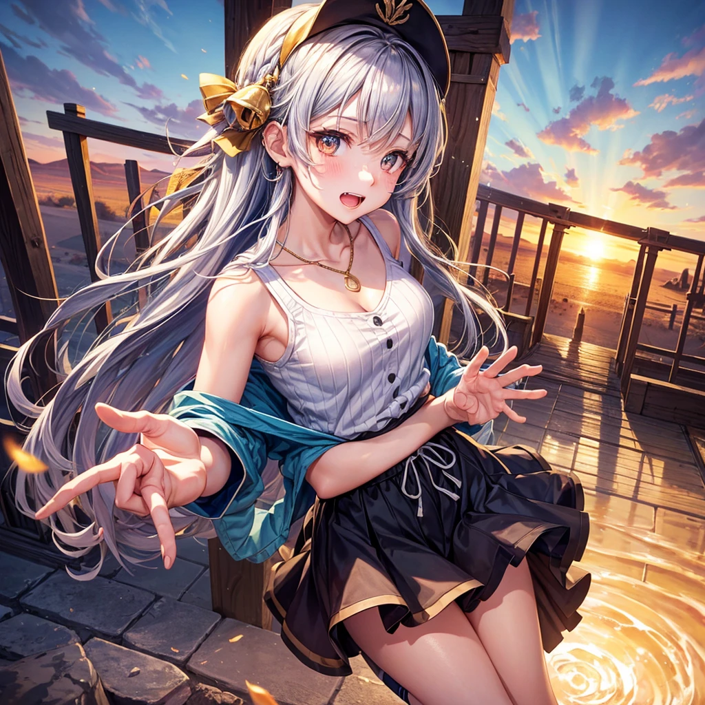 Red Blue Gold Hair、Golden Eyes、Braid、One good looking girl、solo、anime、Checkered mini skirt、Ruffles on the skirt、camisole、cardigan、Black knee-high socks、Wearing a baseball cap、Wearing a ribbon、Ribbon on waist、Tilting face、Teeth are visible、Sunset sky、Piercing the clouds、Contrail、Cumulonimbus、Pillar of Light、Silver coin necklace、A world of light、shine、From above、bell、torii、Desert Oasis、water is gushing out、Sparks are flying、Steps、High five