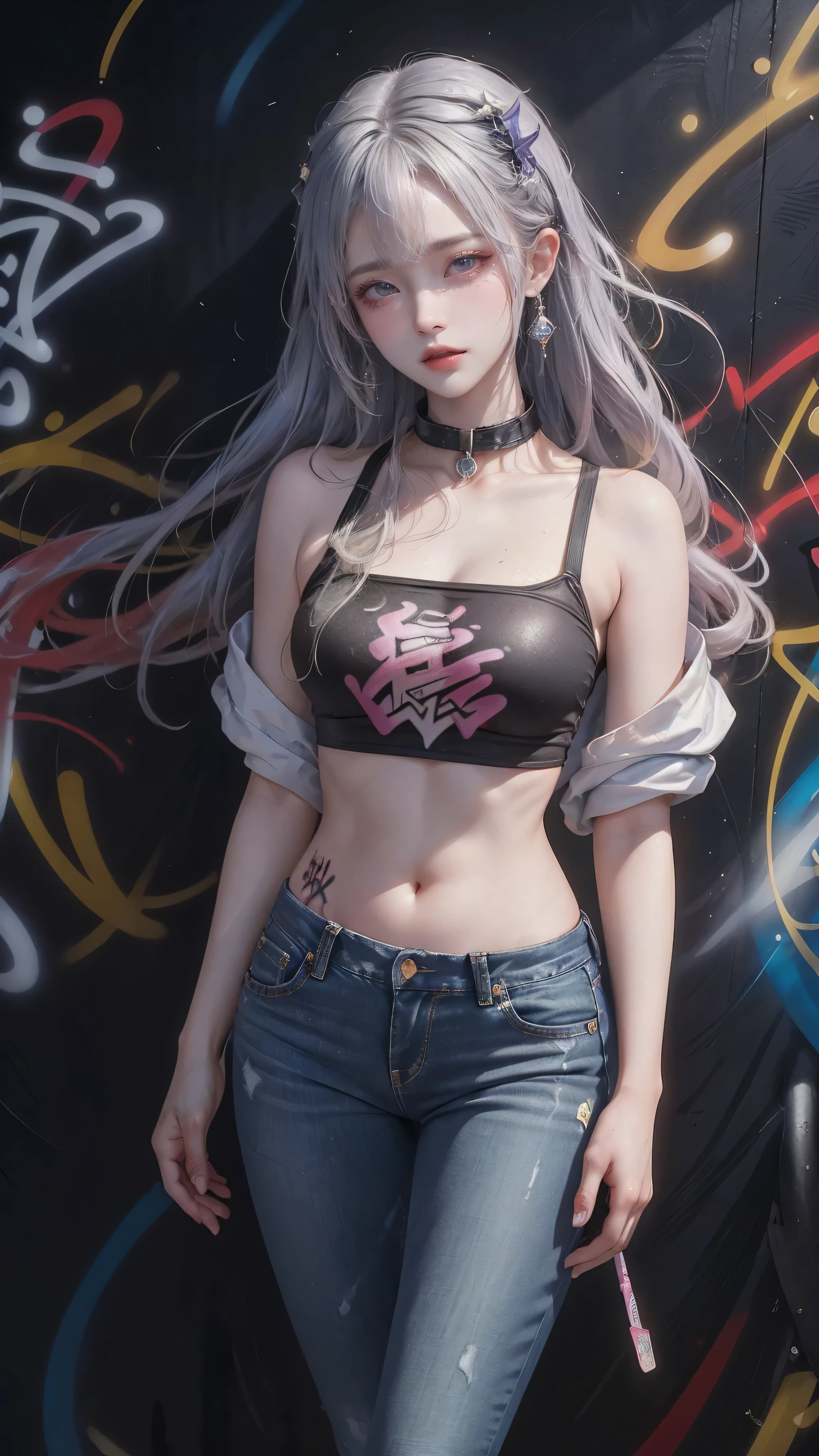 Kamisato Ayaka|Genshin Impact, masterpiece, best quality, 1 girl,25 years old, proportional body, Long legs, beautiful, proportional., Crop Top, Long jeans, Medium breasts, ,only, Crop Top, collar, (Graffiti:1.5), Splash with purple lightning pattern., Put your hands behind your back, Against the wall, View viewers From the front., Thigh straps, Head tilt, boring,(National Technology Development Agency.:1.2), (10, best quality, masterpiece: 1.4), beautiful red hair, Ultra-high resolution, (lifelike, Lifelike Portrait: 1.48), (View through Crop Top.), Famous Japanese actors, beautiful clear eyes, Head tilt, Cowboy shooting, From the front, looking at the audience, poker face, beautiful lake, Zeiss 150mm f/2.0/ 2.8 Hasselblad,  whole body, foot, Ultra wide angle,