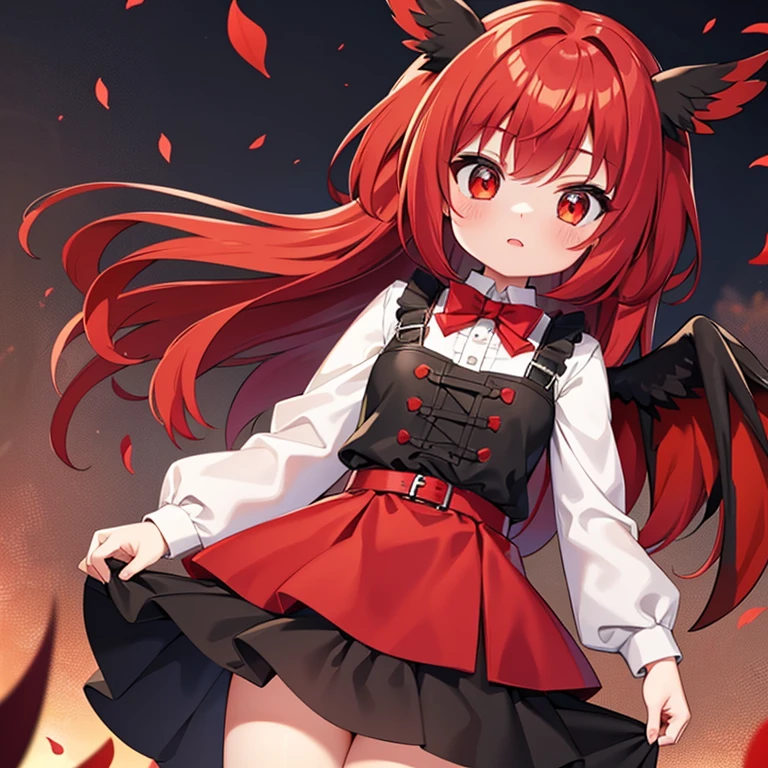 Red hair, , 1 girl, red and black wings, red and black tail, skirt, cute