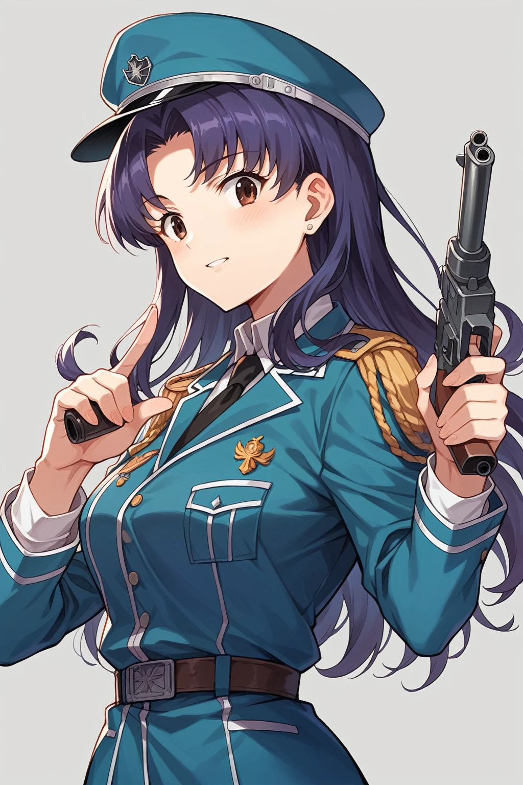 anime girl in uniform holding a gun and pointing it at the camera, officer, kantai collection style, fubuki, blue uniform, a-1 pictures, misato katsuragi, by Shitao, marin kitagawa fanart, high quality fanart, portrait n - 9, by Kamagurka, official character art, female anime character, jk uniform