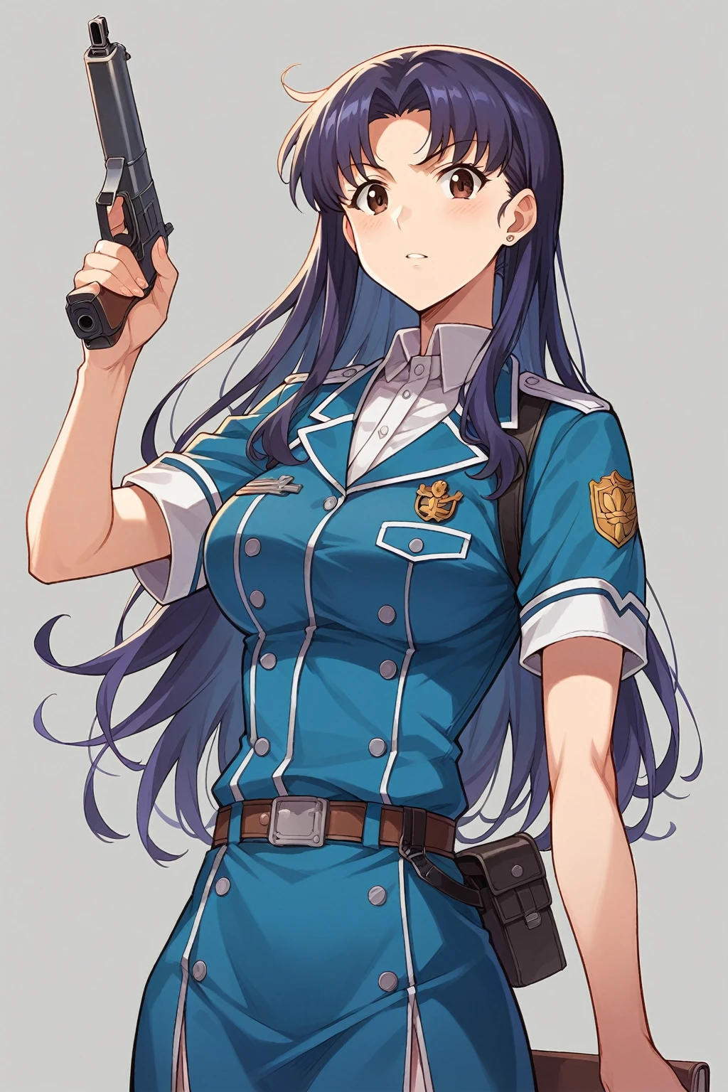 anime girl in uniform holding a gun and pointing it at the camera, officer, kantai collection style, fubuki, blue uniform, a-1 pictures, misato katsuragi, by Shitao, marin kitagawa fanart, high quality fanart, portrait n - 9, by Kamagurka, official character art, female anime character, jk uniform