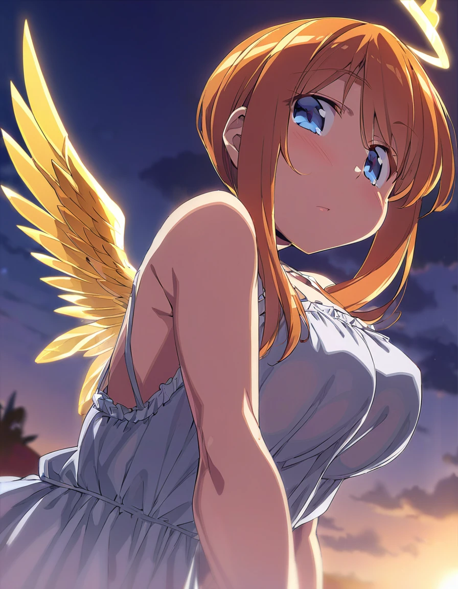 Golden-winged angel wearing a negligee　Orange Hair　Blue Eyes　Sandy Beach　anime　Big Breasts

