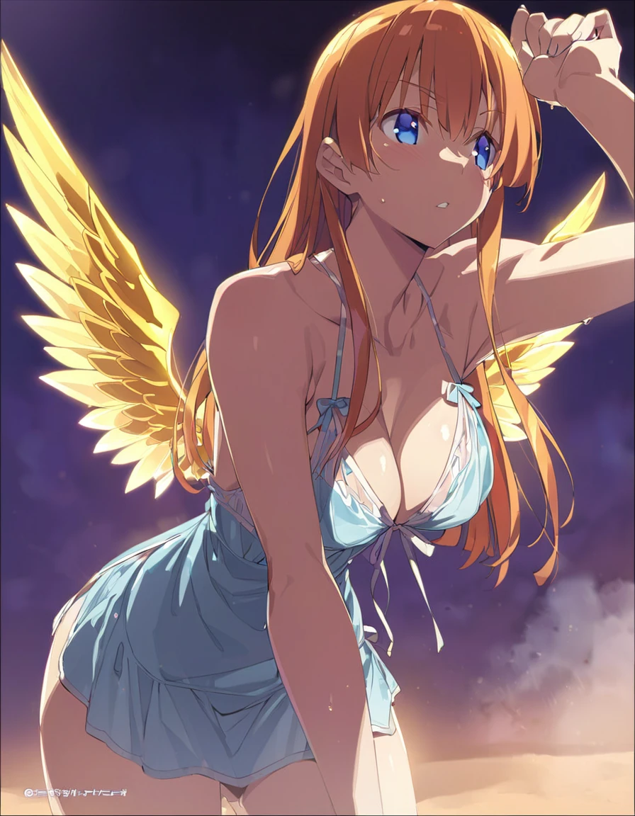 Golden-winged angel wearing a negligee　Orange Hair　Blue Eyes　Sandy Beach　anime　Big Breasts

