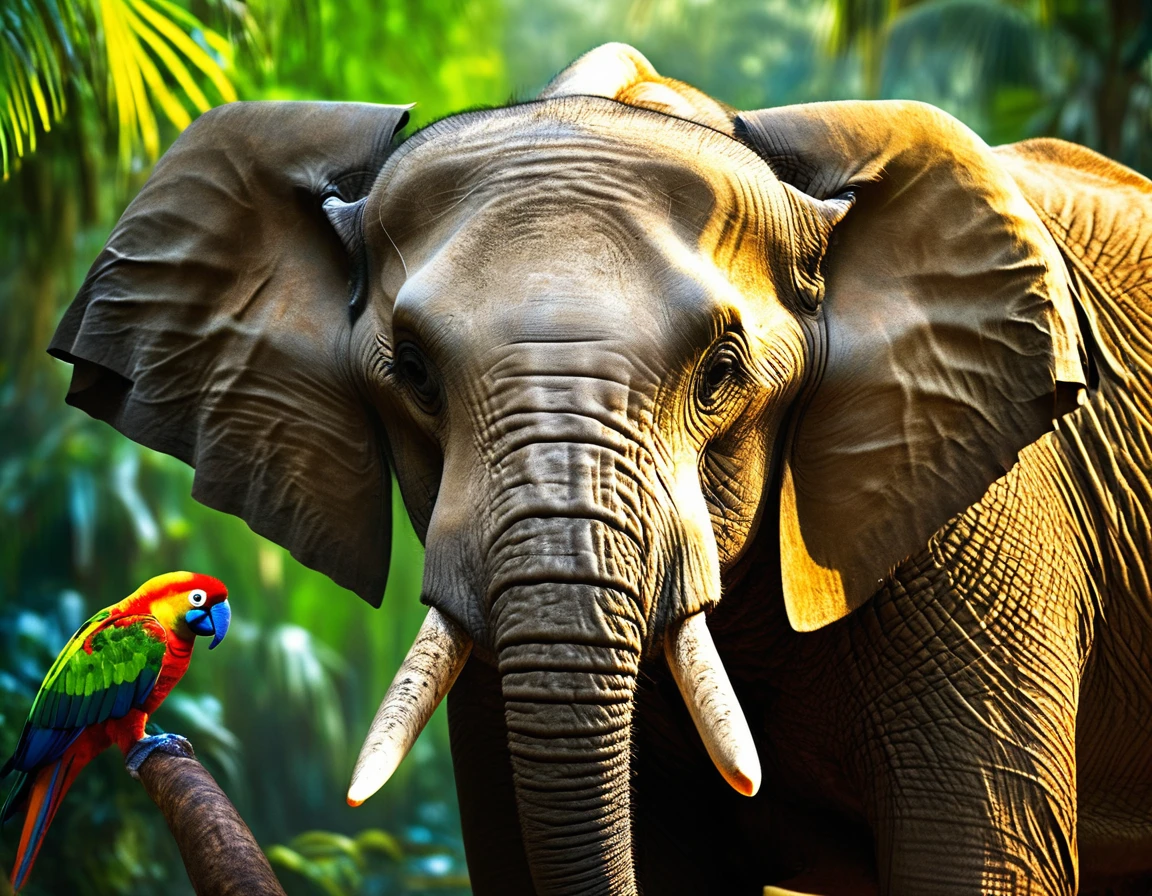 Friendship between an Elephant and a Bird: "Illustrate a large elephant with a colorful parrot perched on its back. They are walking together in a tropical rainforest, surrounded by lush green trees. The bird is seen whispering something into the elephant's ear, making the elephant smile. The image should be highly detailed, focused, and of very high quality, showcasing the intricate details of the elephant's skin and the vibrant feathers of the parrot.