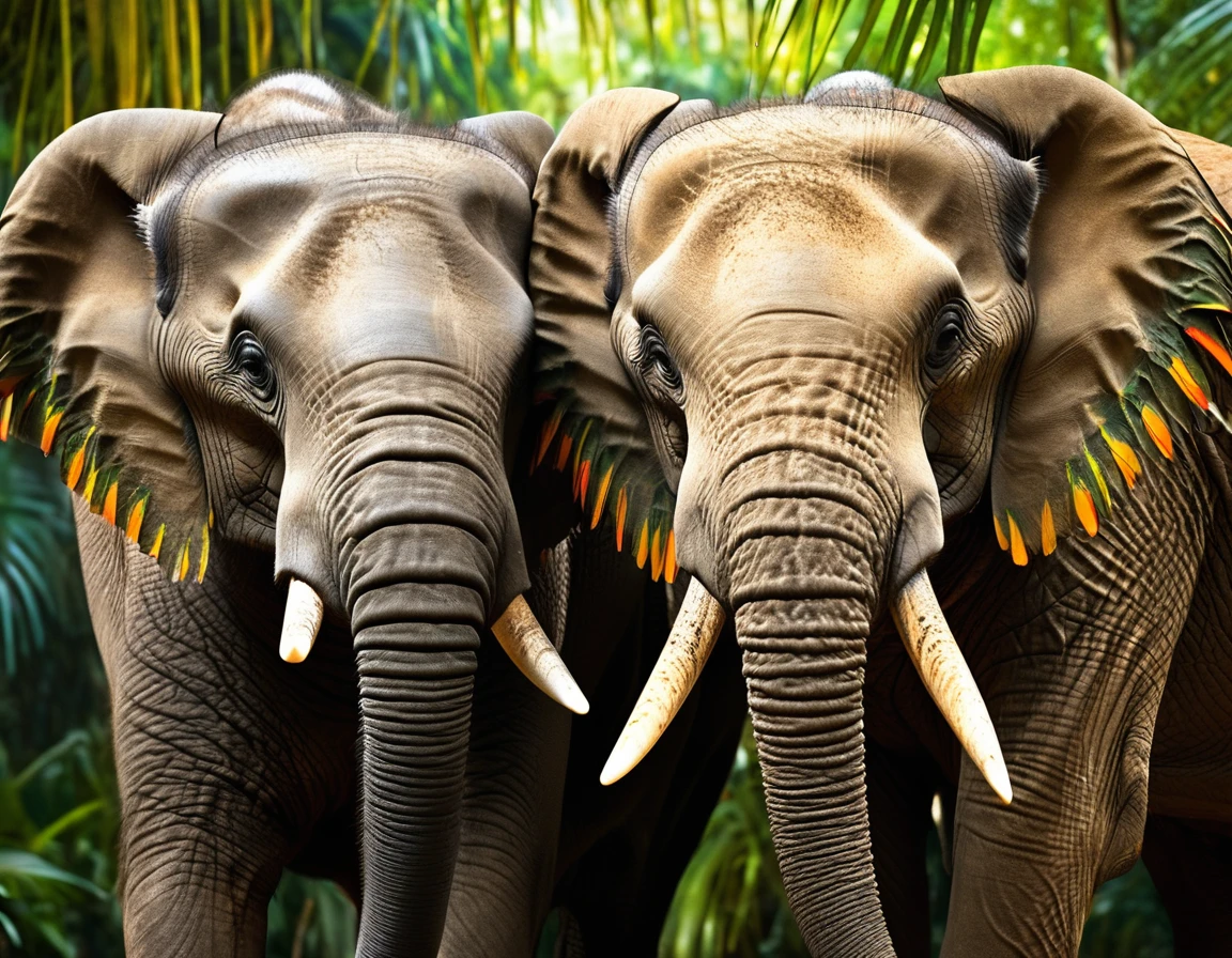 Friendship between an Elephant and a Bird: "Illustrate a large elephant with a colorful parrot perched on its back. They are walking together in a tropical rainforest, surrounded by lush green trees. The bird is seen whispering something into the elephant's ear, making the elephant smile. The image should be highly detailed, focused, and of very high quality, showcasing the intricate details of the elephant's skin and the vibrant feathers of the parrot.