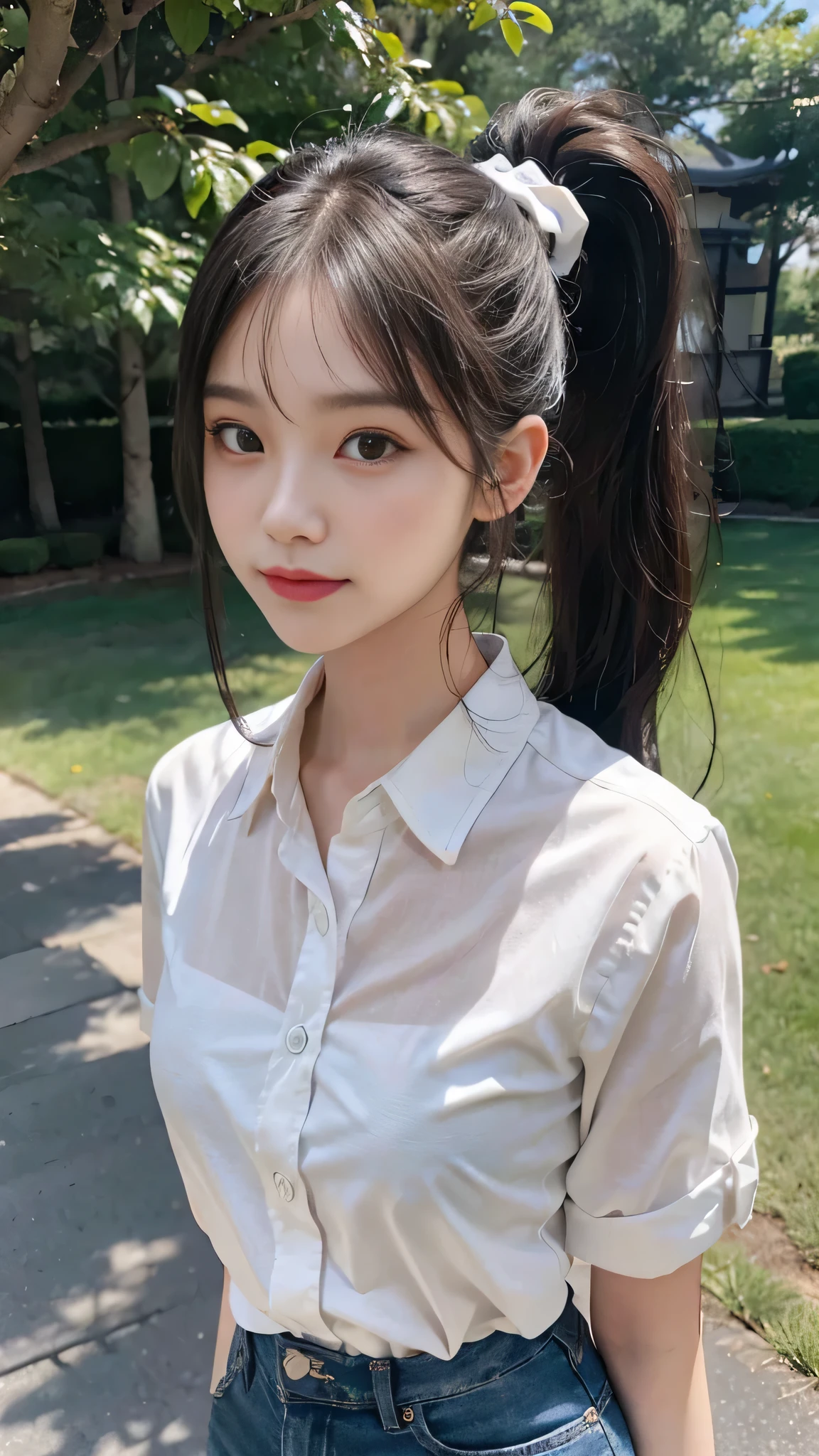 White collared shirt,jeans,Park,On the lawn,Close up face,One woman,masutepiece, The highest image quality, High quality, the background is clear,Beautiful woman, Japanese,Ultra-detailed, finely detail, hight resolution, 8K Wallpaper, Perfect dynamic composition, Beautiful detailed eyes , Detailed, Detailed eyes, Detailed skin, Beautiful skin, 超hight resolution, (reality: 1.4),Very beautiful woman, Slightly younger face, Beautiful skin, slender, (Ultra photo realsisim), (hight resolution), (8K), (Very detailed) (beautifully detailed eyes), (super detailed), (Detailed face), view the viewer, Fine details, Detailed face, Staring straight ahead, Staring straight ahead, photos realistic, Bright lighting, Professional Lighting, Black hair,poneyTail,a baby face,fourteen years old,Hairstyle: ponytail,Long ponytail hairstyle,slight smile,neat and tidy clothing,Beautiful Japanese KPOP idol photo, hair style is ponytail, my eyes are double and wide, baby face, smile and look straight ahead, slender, small breasts,Close up face,