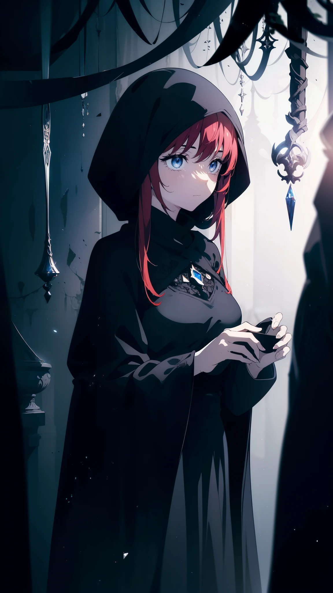 ((((Obra maestra, La mejor calidad, ultrahigh resolution)))), 1girl, midnight blue attire, dark surroundings, ambient light, subtle shadows, mysterious eyes, gaze downward, one hand holding a shadowy dagger, other hand grasping a tattered cloak, misty atmosphere, eerie fog, trees in background, foliage dead, night time, 25 years old, regal presence, serious expression, piercing eyes, dark and mysterious