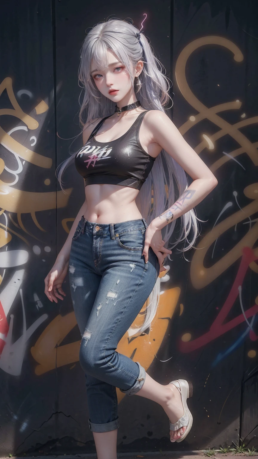 Kamisato Ayaka|Genshin Impact, masterpiece, best quality, 1 girl,25 years old, proportional body, Long legs, beautiful, proportional., Crop Top, Long jeans, Medium breasts, ,only, Crop Top, collar, (Graffiti:1.5), Splash with purple lightning pattern., Put your hands behind your back, Against the wall, View viewers From the front., Thigh straps, Head tilt, boring,(National Technology Development Agency.:1.2), (10, best quality, masterpiece: 1.4), beautiful red hair, Ultra-high resolution, (lifelike, lifelike的肖像: 1.48), (View through Crop Top.), Famous Japanese actors, beautiful clear eyes, Head tilt, Cowboy shooting, From the front, looking at the audience, poker face, beautiful lake, Zeiss 150mm f/2.0/ 2.8 Hasselblad,  whole body, foot, Ultra wide angle,