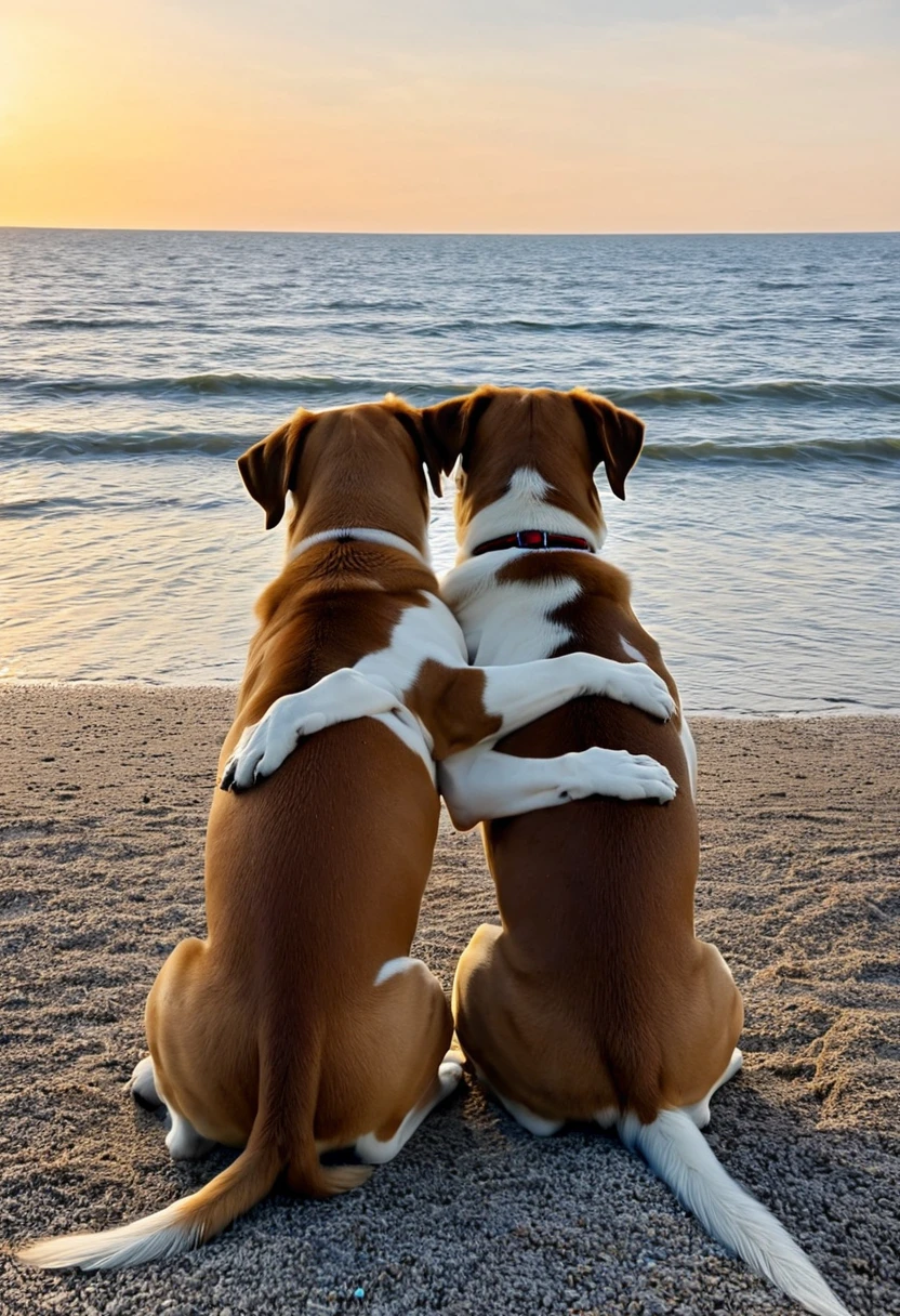 Back view of two dogs sitting side by side on the beach, cheek to cheek、Dogs hugging each other、They are making a heart shape with each other&#39;s tails、The sea illuminated by the moon、No waves、A big moon and beautiful stars in the night sky、A night sky very close to the real thing、Very romantic、4K、Beautiful art、The stars are beautiful and close to nature