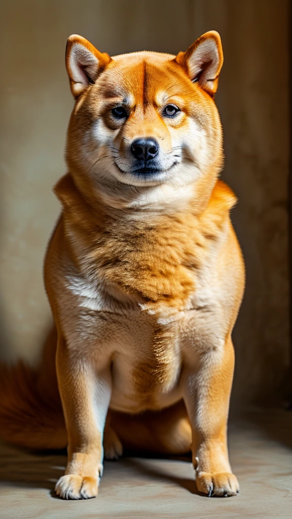 The only character is a Shiba Inu.、The body is fat、Shiba Inu、The posture is like begging.,
Posture is standing、Posture is upright、The camera is taken from a little distance.、The face is facing forward、The body is fat、