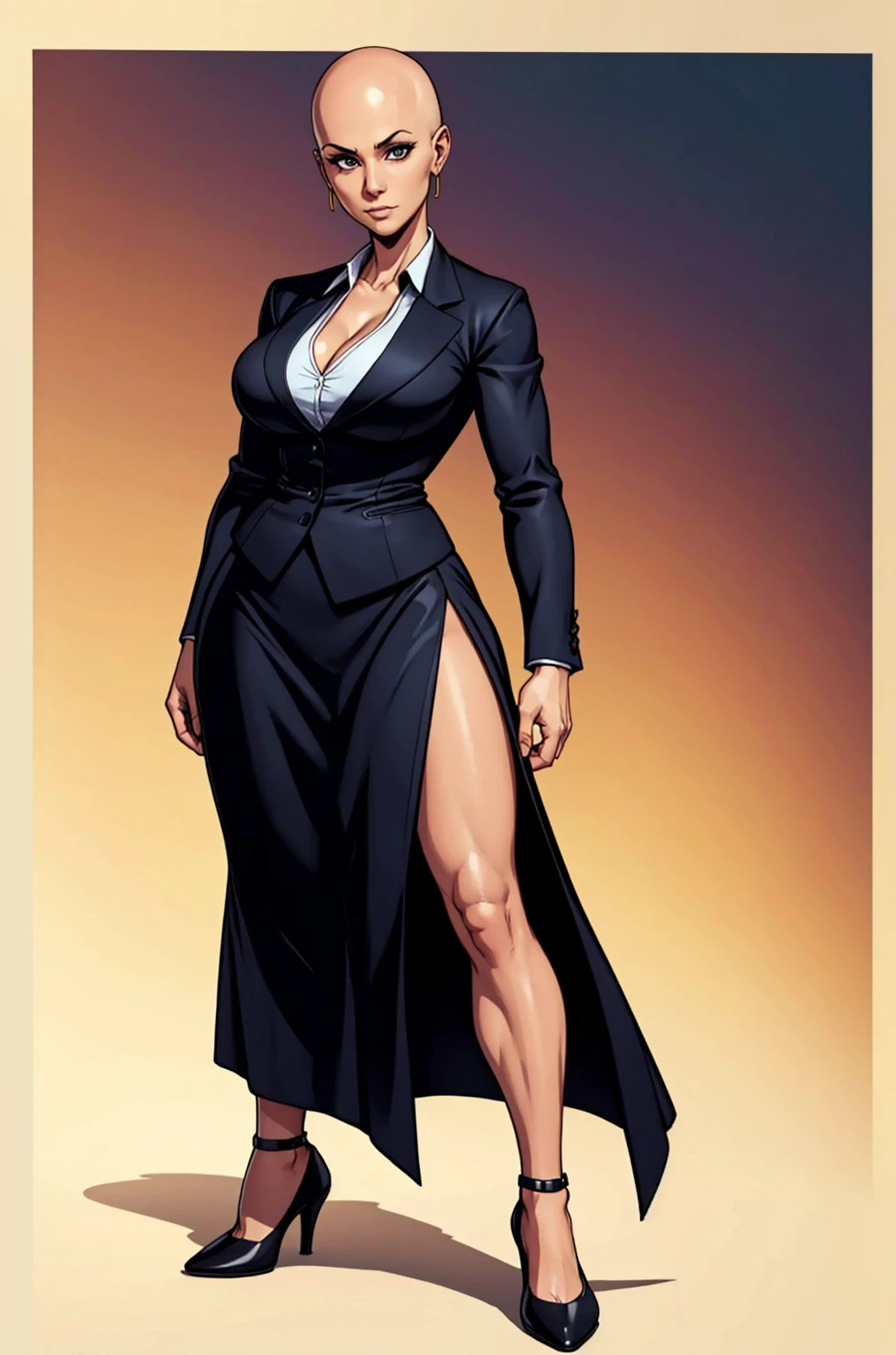 digital comic art, highly detailed, standing pose, feminine features, mature woman, adult female, whole body, bald, form-fitting, revealing neckline, blazer, V-neck blouse, long skirt with a side slit, shoes, 1woman, solo, upper body, lower body, ((Extremely Detailed)), ((Best Quality)), ((Masterpiece)), ((4k))