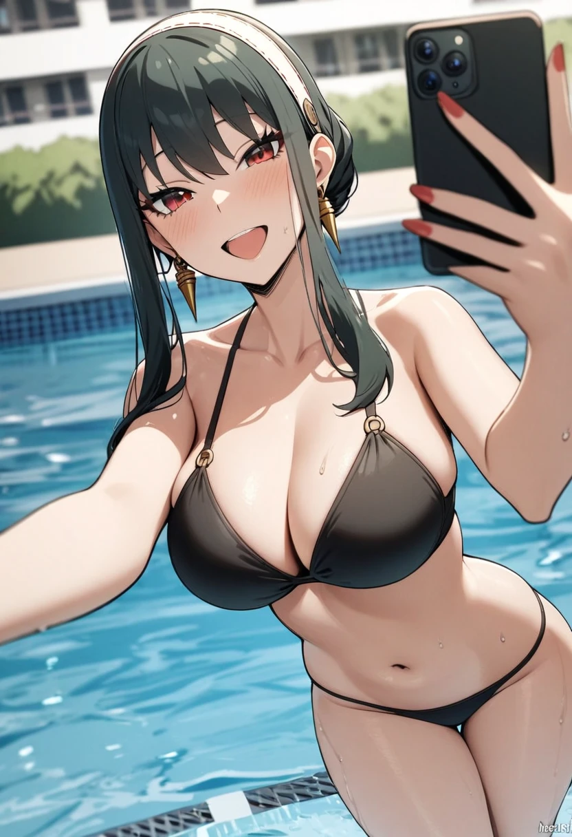 Masterpiece, 1girl, Yor Briar, Spy x Family, in a bikini, selfie, poolside, Hotelresort