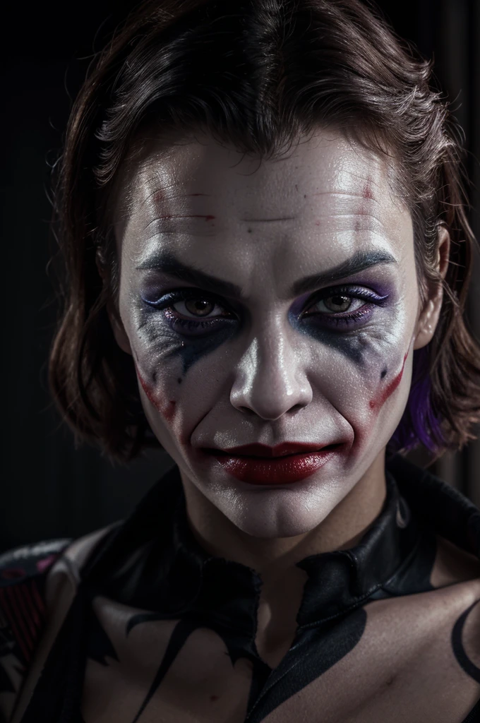a beautiful detailed face of the Joker, Joker's detailed hygienic lipstick, flawless skin, intense eyes, detailed face features, pristine makeup, bright vibrant colors, high contrast, cinematic lighting, dramatic lighting, dark moody atmosphere, masterpiece, cinematic angle, highly detailed, photorealistic