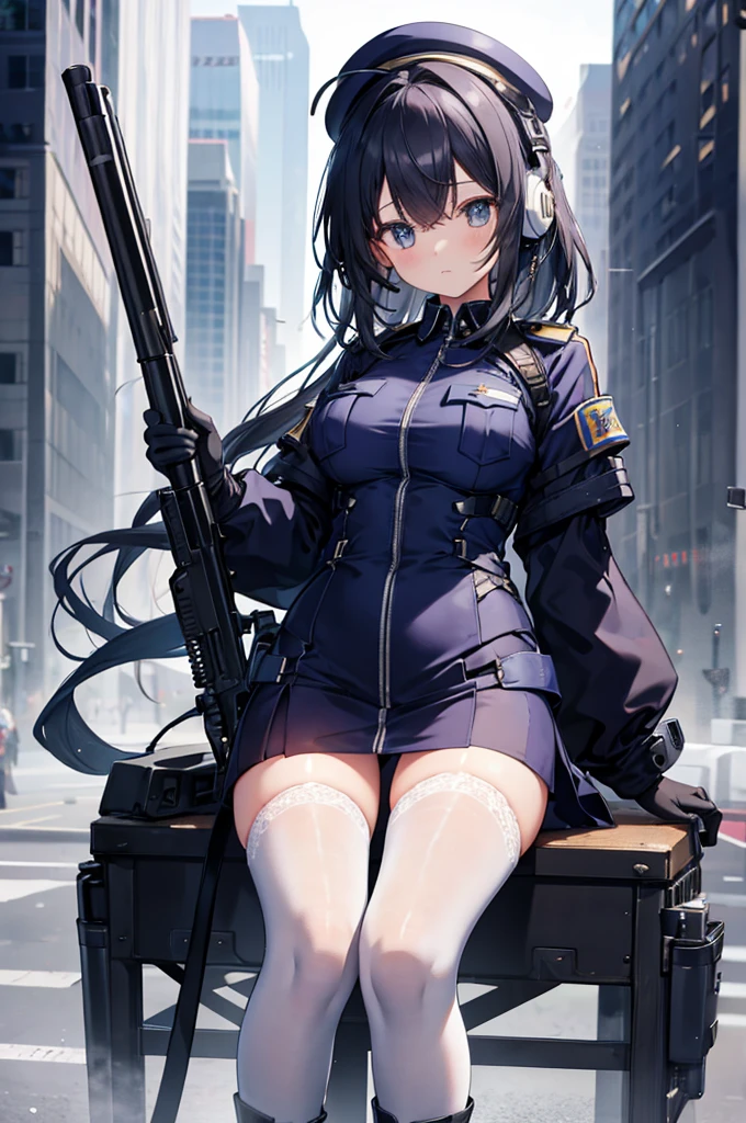 police_uniform,ankle_boots,layered,lace,tight,white_bodystocking,horizontal_stripes,long_sleeves,elbow_gloves,headset,cross,