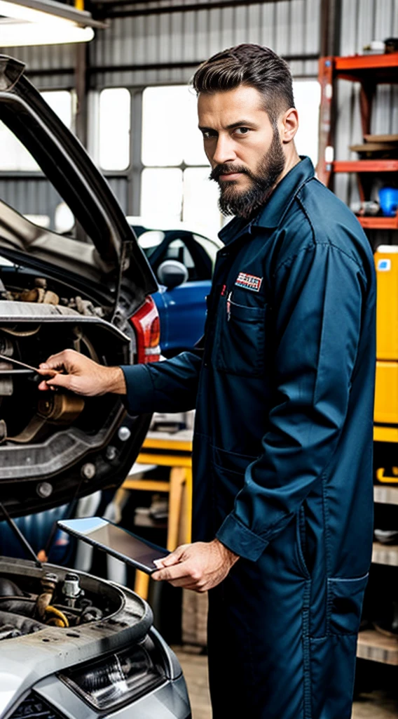 mechanic man, with beard in a workshop, next to a car, using a tablet