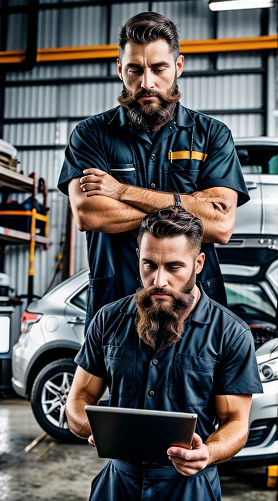 mechanic man, with beard in a workshop, next to a car, using a tablet