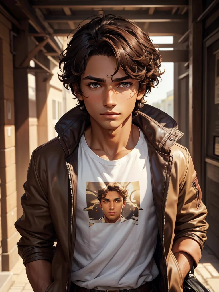 (best quality), 1boy, Male, tanned skin, dark brown hair, short hair, wavy hair, brown eyes, perfect eyes, bags under eyes, open jacket, masterpiece, anatomically correct, highres
