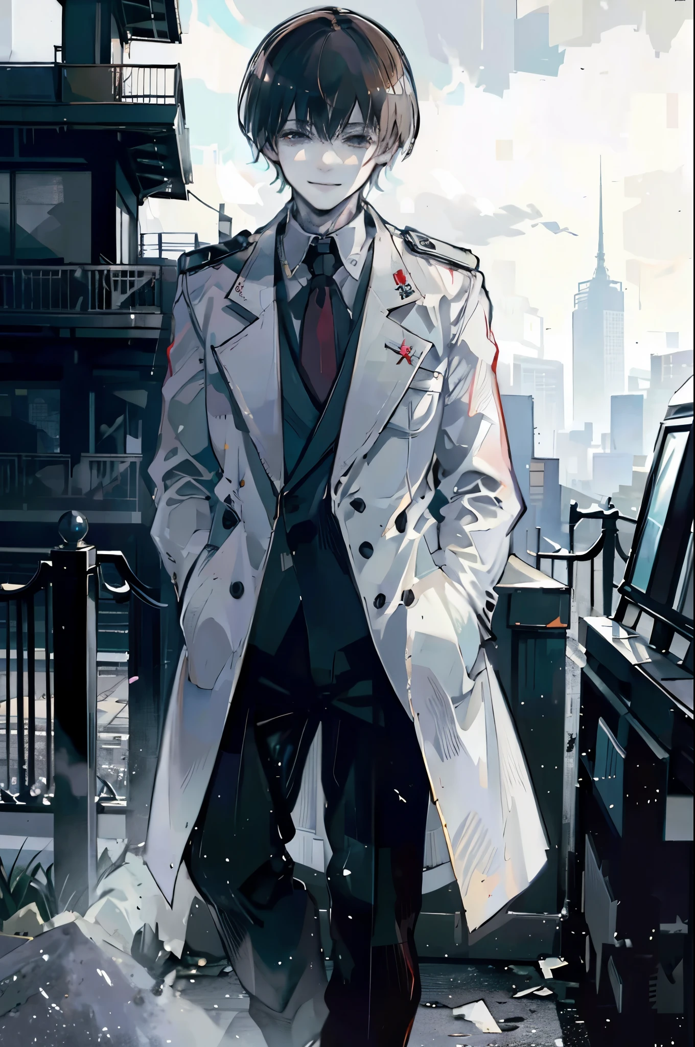 young man, brown hair, black eyes, smiling, medium hair, wearing a pure white trench coat, wearing black pants, in one city, 4k, detailed, sui ishida art style, ghoul investigator
