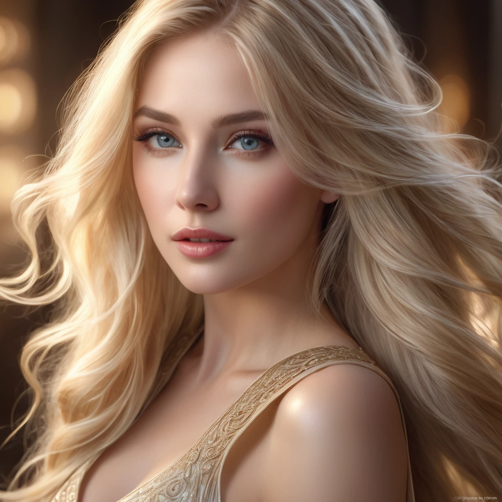 a blond woman, long flowing hair, serene expression, elegant pose, beautiful detailed eyes, beautiful detailed lips, ultra-detailed, (best quality,4k,8k,highres,masterpiece:1.2),ultra-detailed,(realistic,photorealistic,photo-realistic:1.37),dramatic lighting, cinematic atmosphere, ethereal, dreamlike, fantasy, mystical, glowing skin, natural beauty
