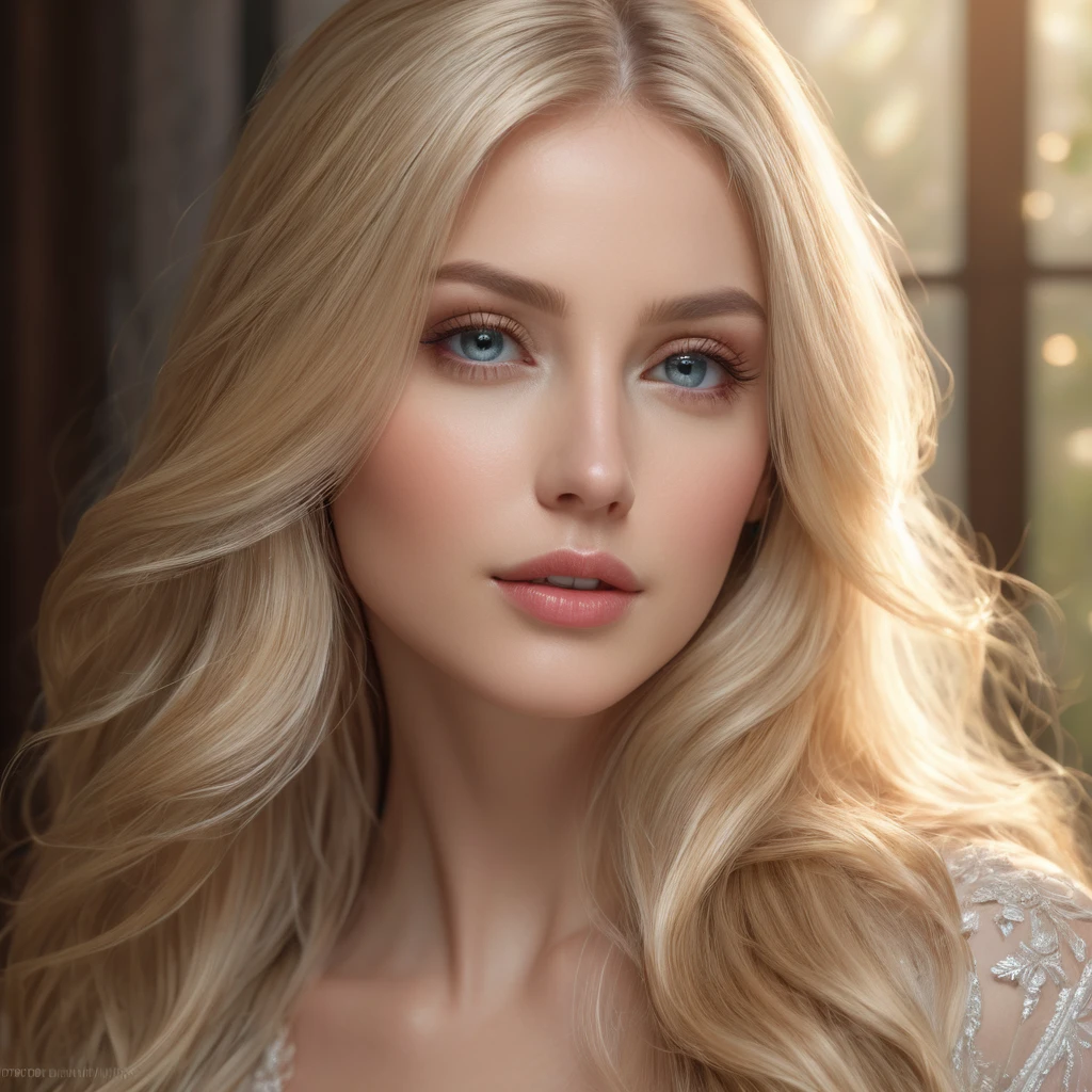 a blond woman, long flowing hair, serene expression, elegant pose, beautiful detailed eyes, beautiful detailed lips, ultra-detailed, (best quality,4k,8k,highres,masterpiece:1.2),ultra-detailed,(realistic,photorealistic,photo-realistic:1.37),dramatic lighting, cinematic atmosphere, ethereal, dreamlike, fantasy, mystical, glowing skin, natural beauty