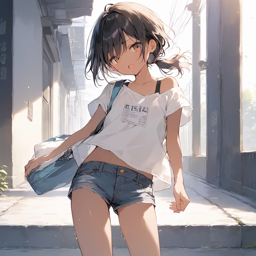 score_9, score_8_up, score_7_up, source_anime, best quality, masterpiece,official art, absurdres, highres, waifu2x,Collection: Slice of Life,break,1girl, tomboy, dark-skinned female, short hair, low ponytail, flat chest, beautiful detailed eyes, short shorts, sweat, open mouth, (yawn:0.3), sleepily, outdoors, wind, break,(clear line illustration:1.2),very high resolution, very aesthetic, super detailed skin, Best sexual lighting powered by famous artist, 8k,cute picture,beauty illustration,photoshop_(medium),,(Detailed Lighting)