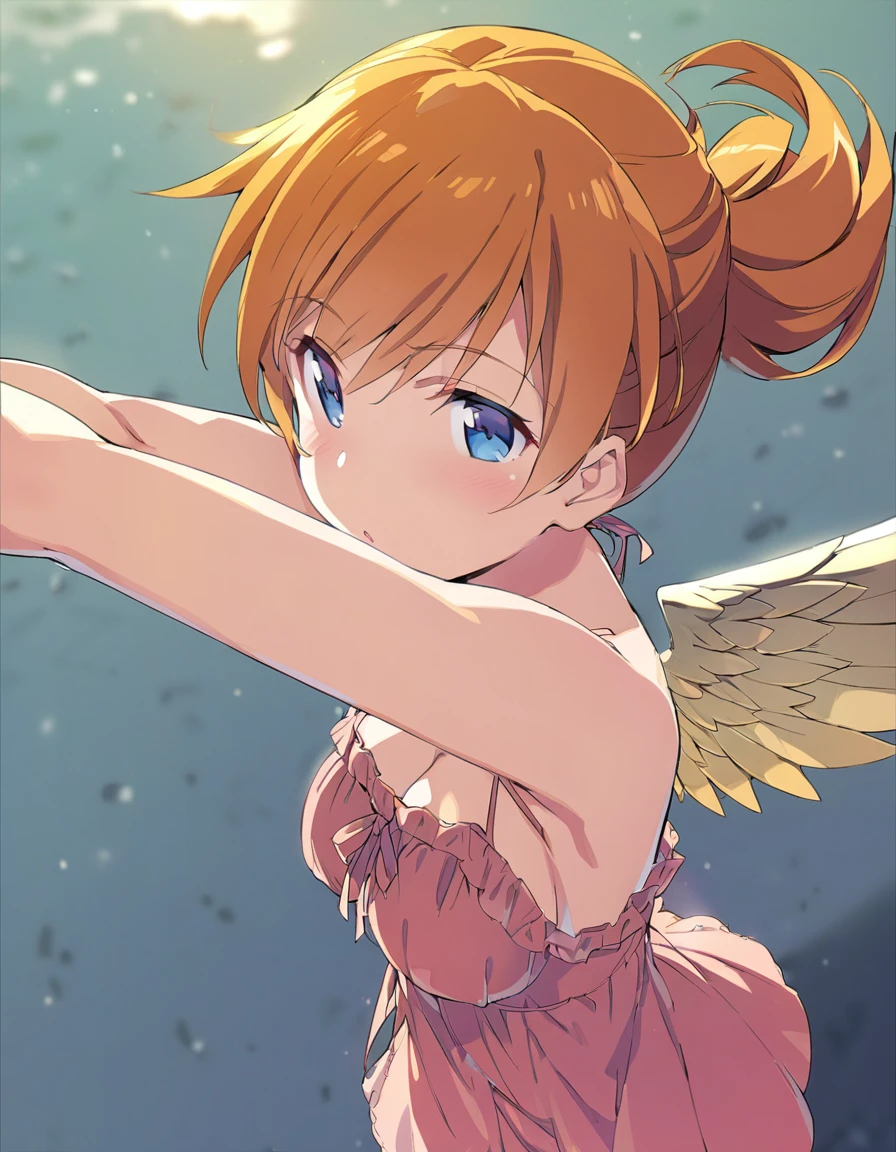 Golden-winged angel wearing a negligee　Orange Hair　Blue Eyes　Sandy Beach　anime　Big Breasts
