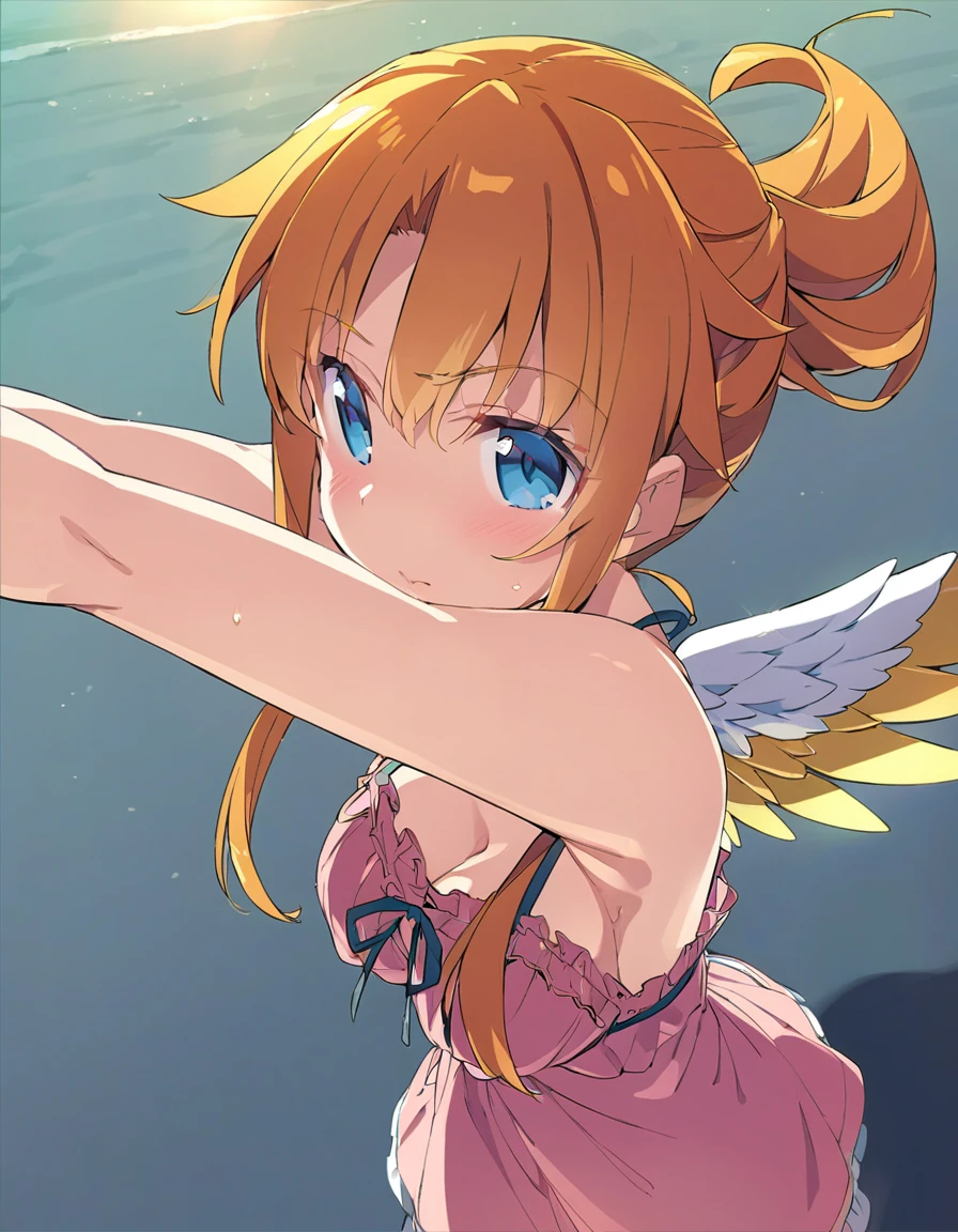 Golden-winged angel wearing a negligee　Orange Hair　Blue Eyes　Sandy Beach　anime　Big Breasts
