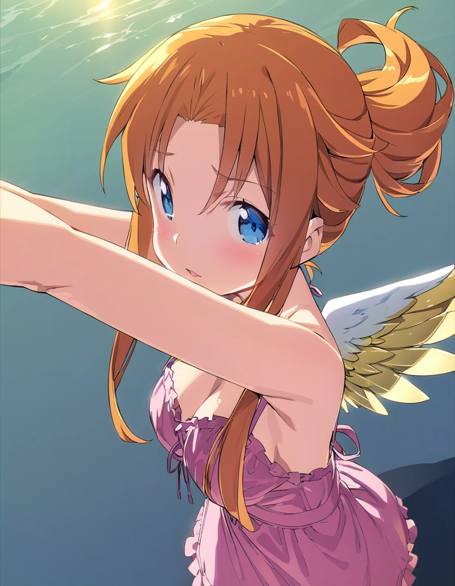 Golden-winged angel wearing a negligee Orange Hair Blue Eyes Sandy Beach anime Big Breasts