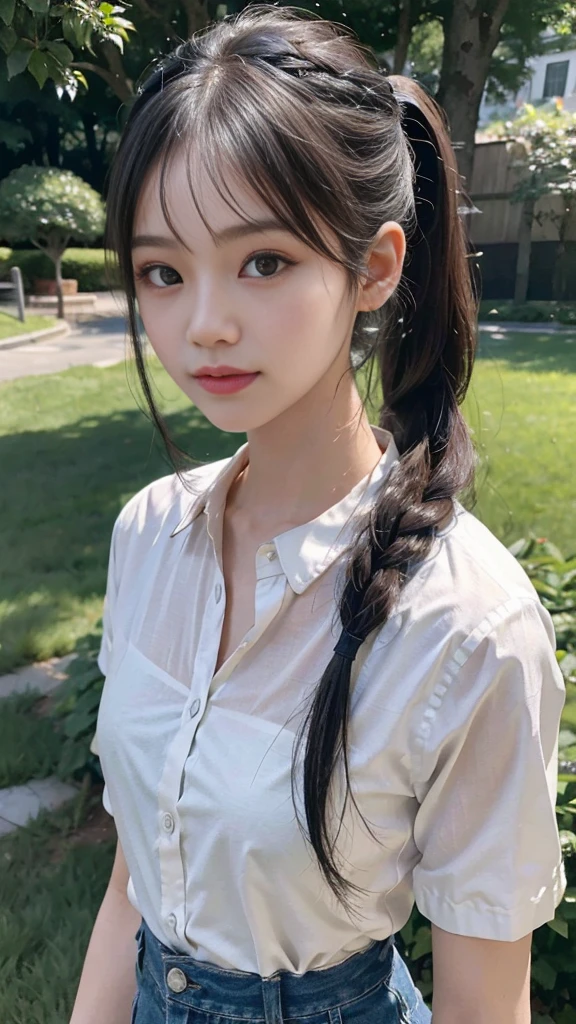 White collared shirt,jeans,Park,On the lawn,Close up face,One woman,masutepiece, The highest image quality, High quality, the background is clear,Beautiful woman, Japanese,Ultra-detailed, finely detail, hight resolution, 8K Wallpaper, Perfect dynamic composition, Beautiful detailed eyes , Detailed, Detailed eyes, Detailed skin, Beautiful skin, 超hight resolution, (reality: 1.4),Very beautiful woman, Slightly younger face, Beautiful skin, slender, (Ultra photo realsisim), (hight resolution), (8K), (Very detailed) (beautifully detailed eyes), (super detailed), (Detailed face), view the viewer, Fine details, Detailed face, Staring straight ahead, Staring straight ahead, photos realistic, Bright lighting, Professional Lighting, Black hair,poneyTail,a baby face,fourteen years old,Hairstyle: ponytail,Long ponytail hairstyle,slight smile,neat and tidy clothing,Beautiful Japanese KPOP idol photo, hair style is ponytail, my eyes are double and wide, baby face, smile and look straight ahead, slender, small breasts,Close up face,