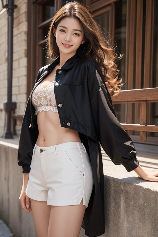 highest quality、4K、Perfect Face、Perfect Style、perfect body、Sunburn、beautiful lady、mature、long curly layer brown hair、Swept-back hair、full body, sexy 、charming、healthy、beautiful abs 、high west short pants、smile、black jacket,beautiful legs