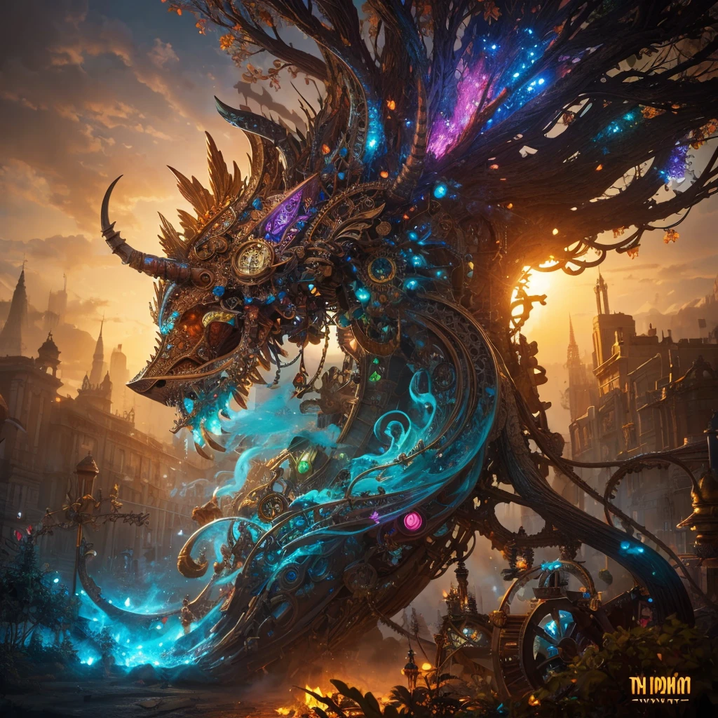 Dream-like Art Live Tree, Colorful smoke, Insane Details, steampunk detail, Intricate details, Ultra-detailed,